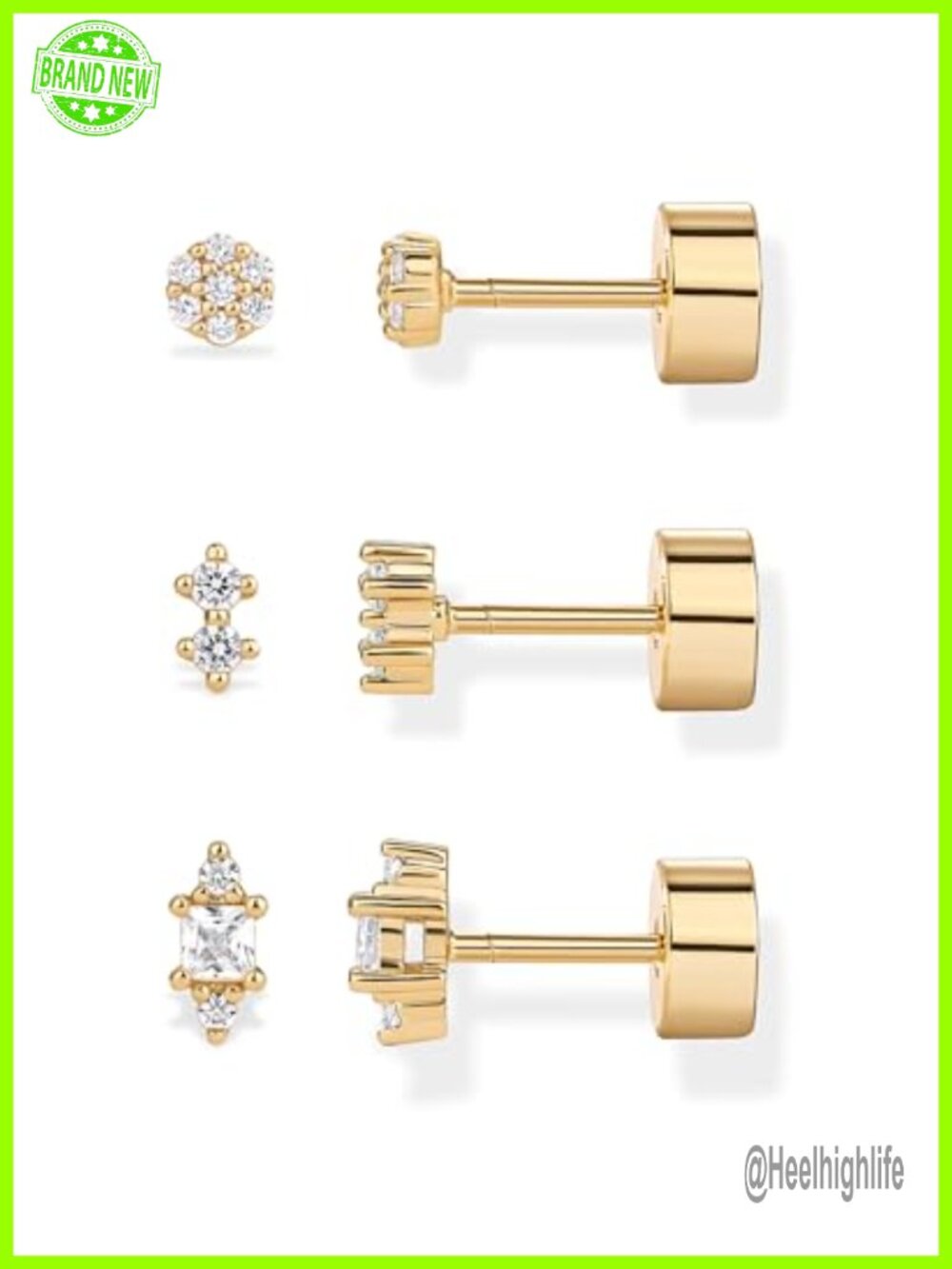 Dainty Flat Back Earrings 14K Gold Plated CZ Stud Piercing